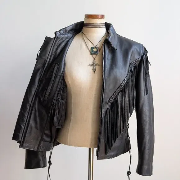 Vintage Black Leather Biker Jacket Fringe Sexy Moto Cowgirl Western Coat Small - Picture 3 of 12
